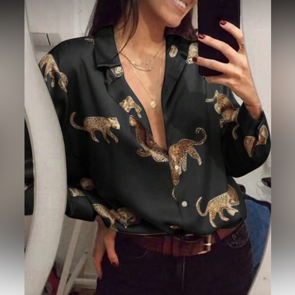 Classic Leopard Cheetah Print Blouse Top Button Down Up Shirt Black - Picture 1 of 8